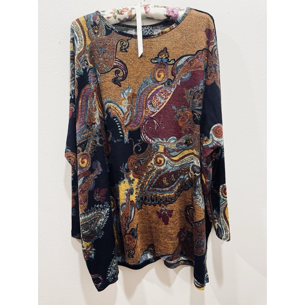Clara Sun Woo Brown Paisley Long Sleeve Top Tunic Medium Lagenlook Art Oversized